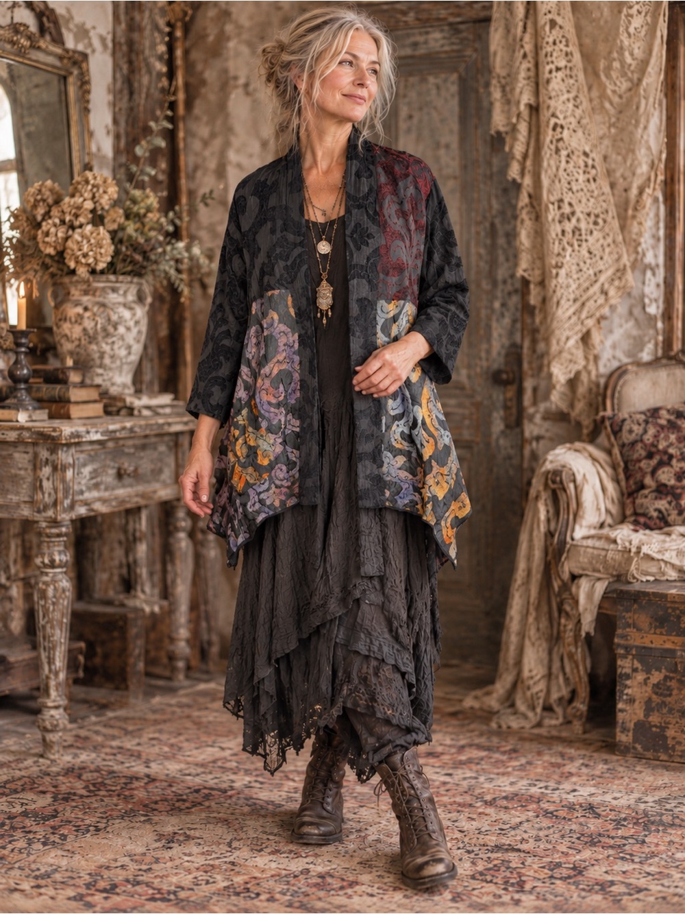 Harubella Art to Wear Tapestry Jacquard Patchwork Jacket L Lagenlook Boho